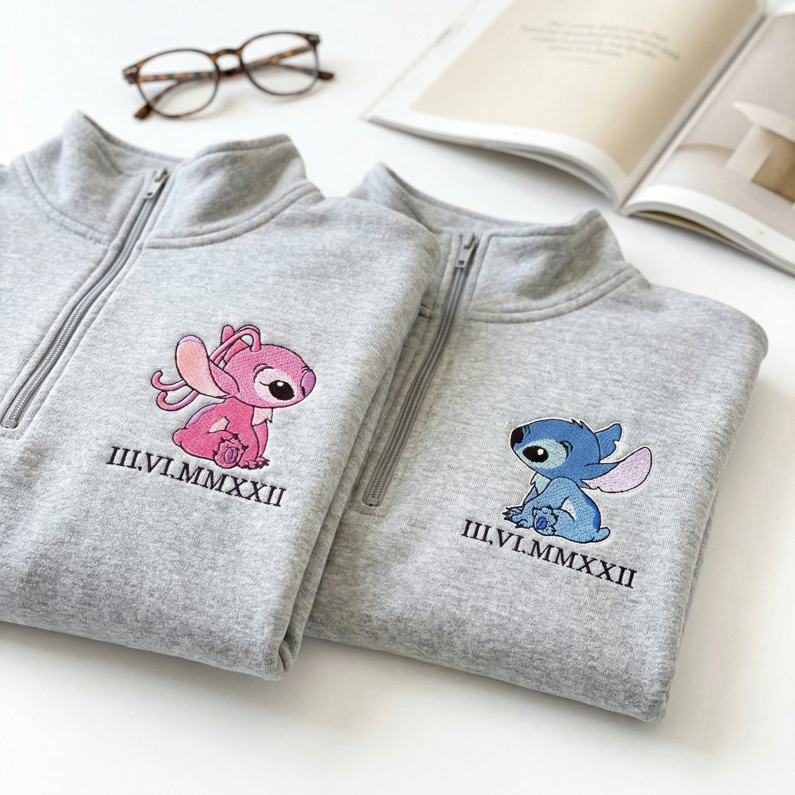 Custom Embroidered Quarter Zip Sweatshirts for Couples - Roman Numeral Date Alien Duo Matching Full-Zip Hoodie