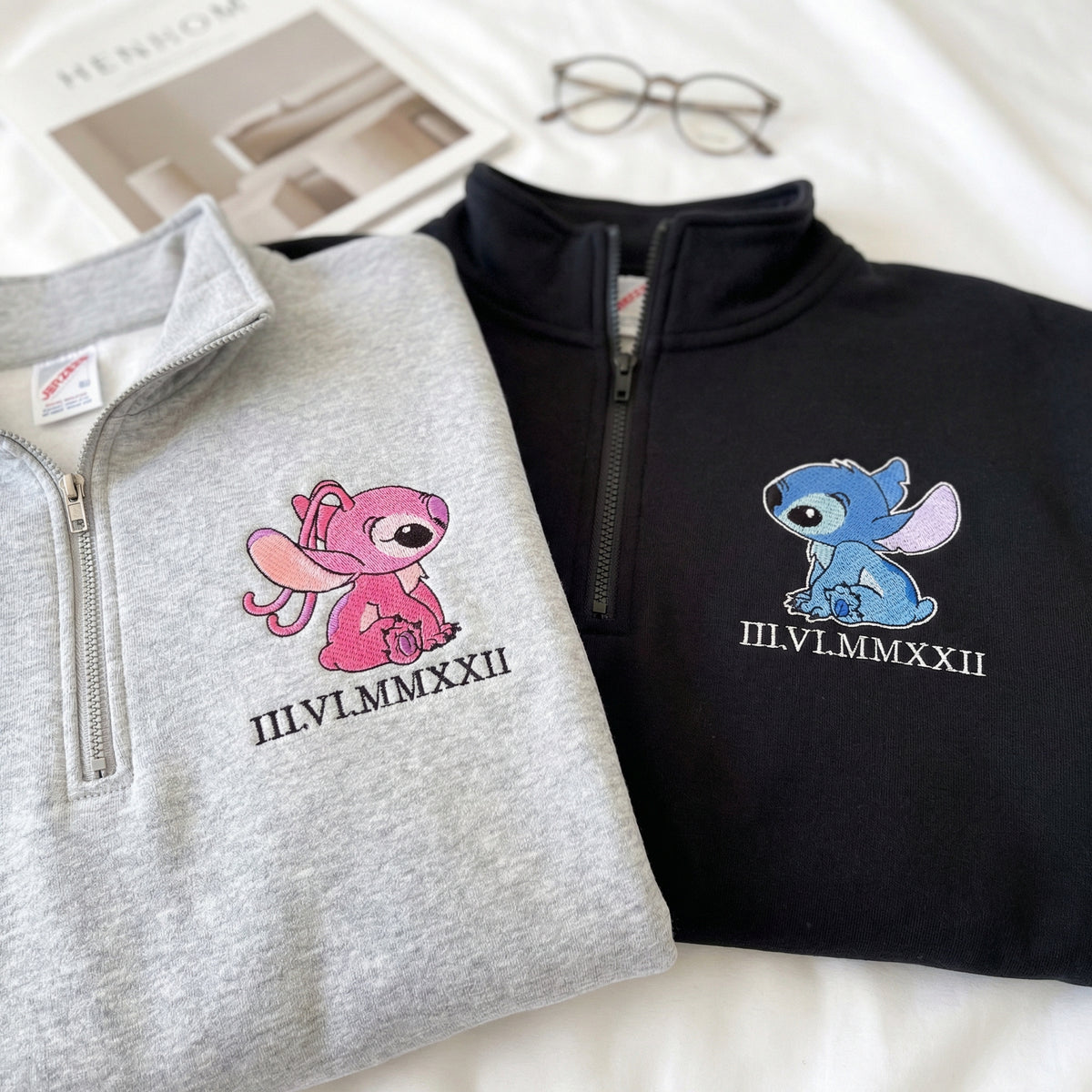 Custom Embroidered Quarter Zip Sweatshirts for Couples - Roman Numeral Date Alien Duo Matching Full-Zip Hoodie