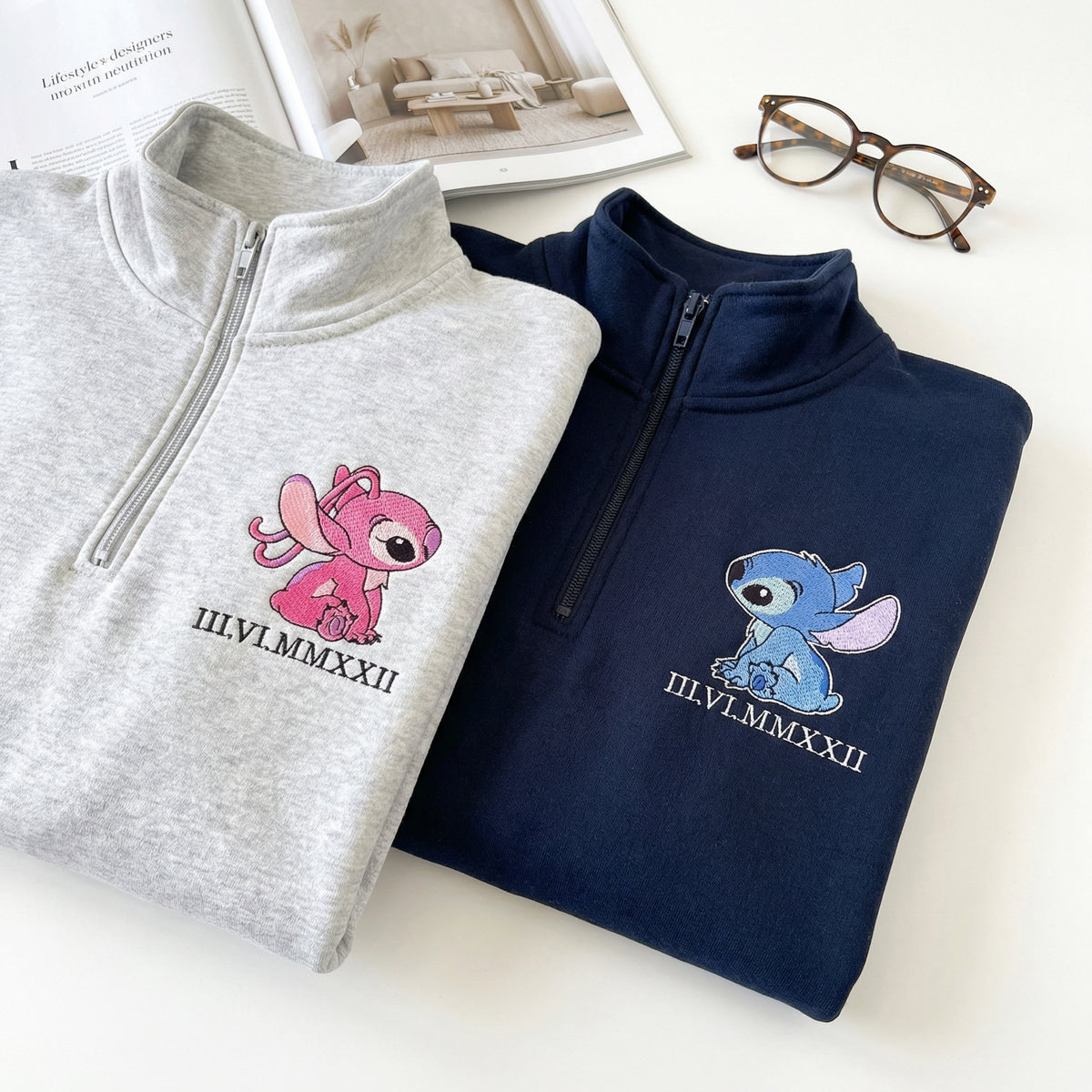 Custom Embroidered Quarter Zip Sweatshirts for Couples - Roman Numeral Date Alien Duo Matching Full-Zip Hoodie