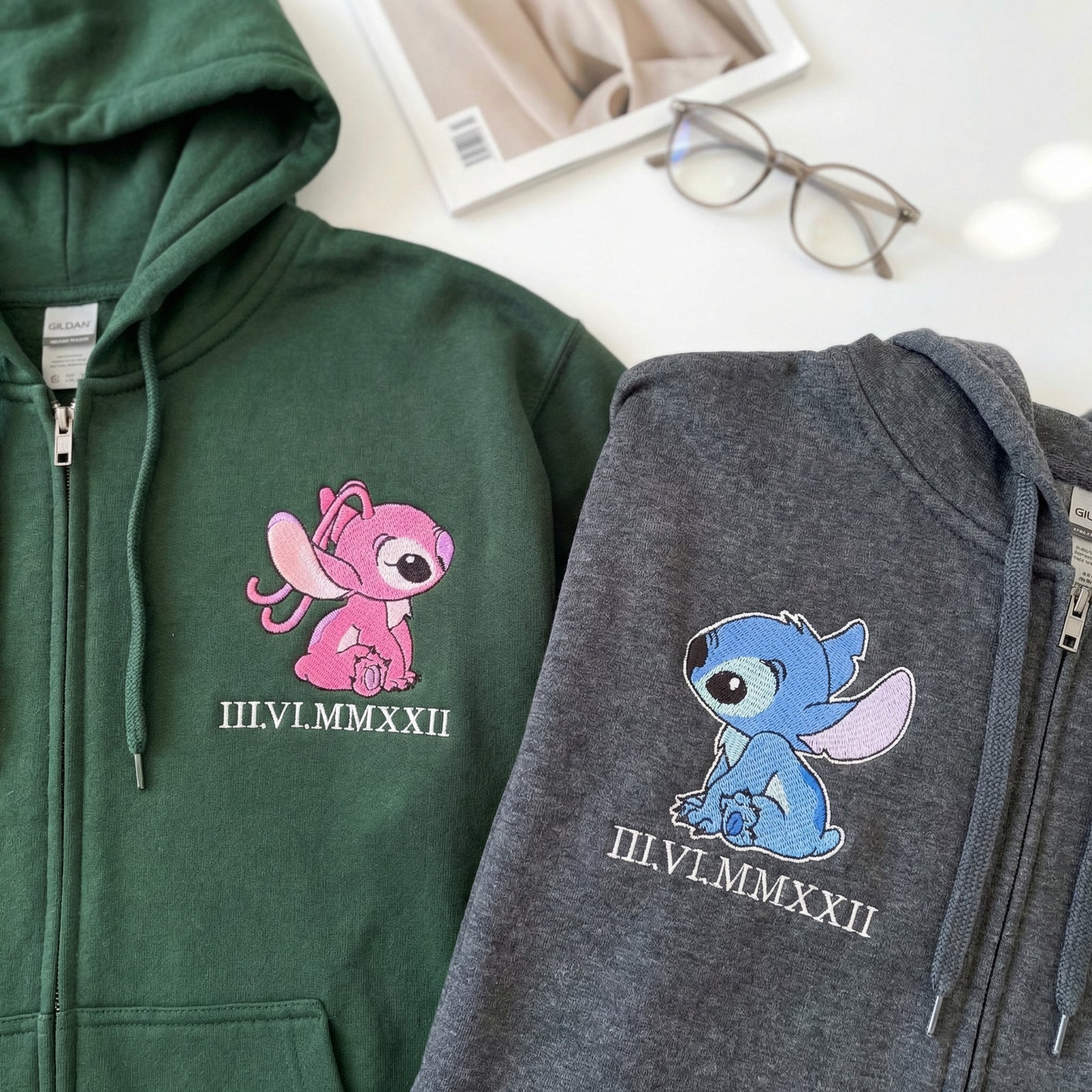 Custom Embroidered Quarter Zip Sweatshirts for Couples - Roman Numeral Date Alien Duo Matching Full-Zip Hoodie
