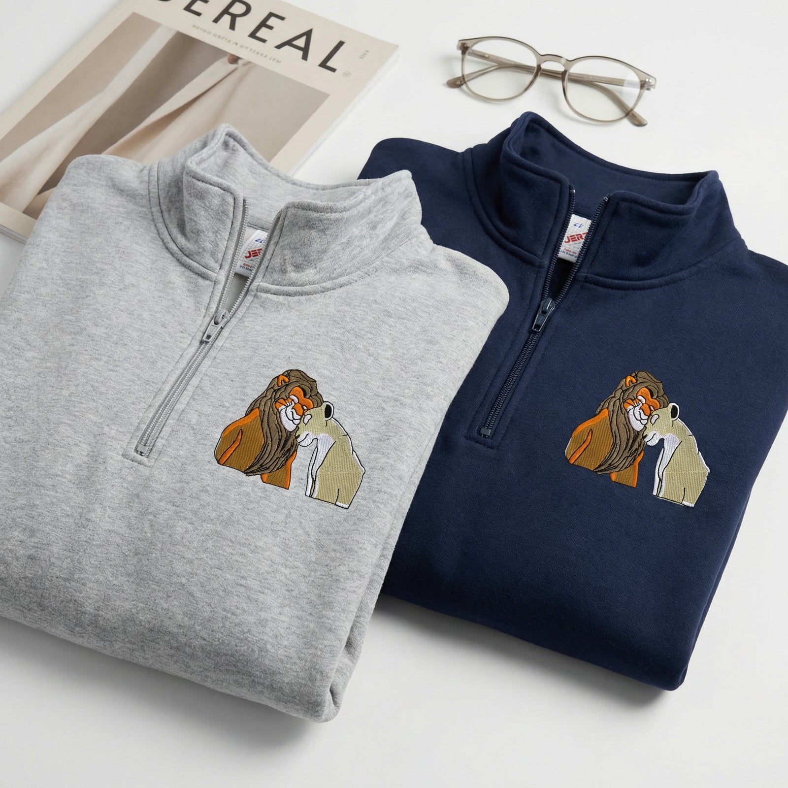 Custom Embroidered Quarter Zip Sweatshirts for Couples - Romantic Lion Couple Matching Full-Zip Hoodie