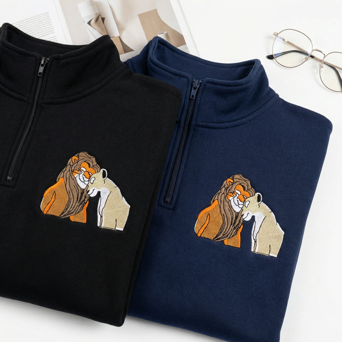 Custom Embroidered Quarter Zip Sweatshirts for Couples - Romantic Lion Couple Matching Full-Zip Hoodie