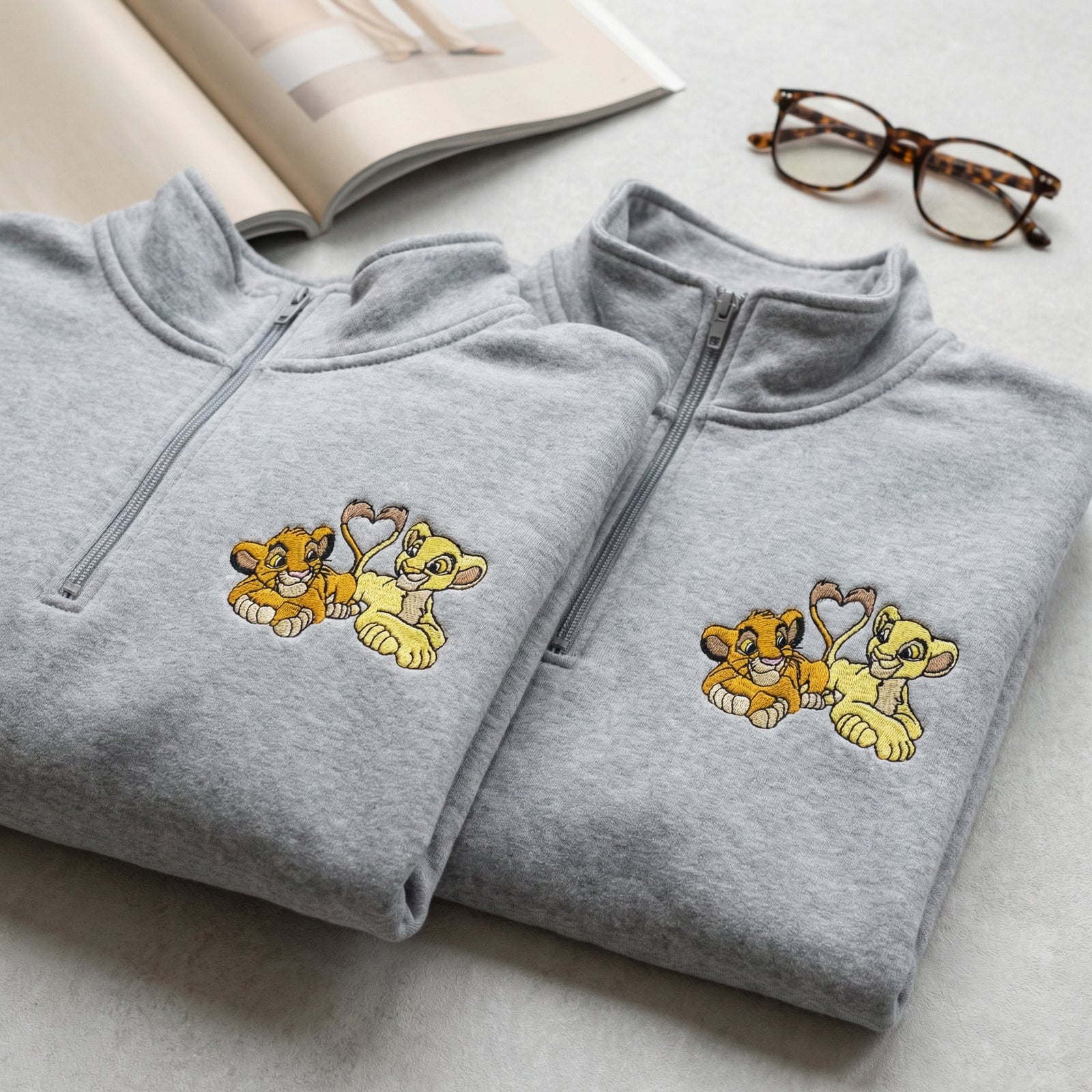 Custom Embroidered Quarter Zip Sweatshirts for Couples - Romantic Lion Couple Matching Full-Zip Hoodie