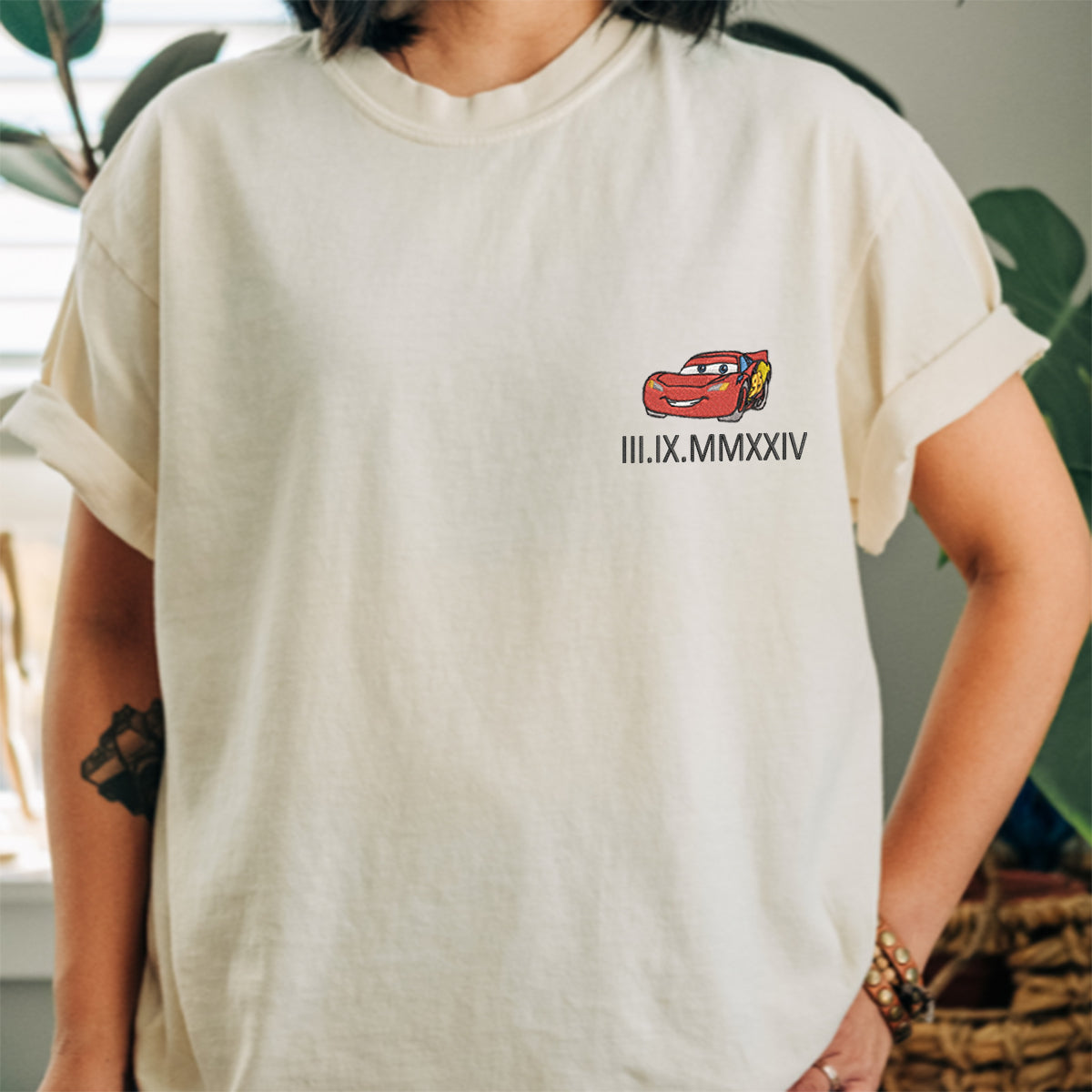 Custom Embroidered Racing Car Couple Matching T-shirts with Special Date