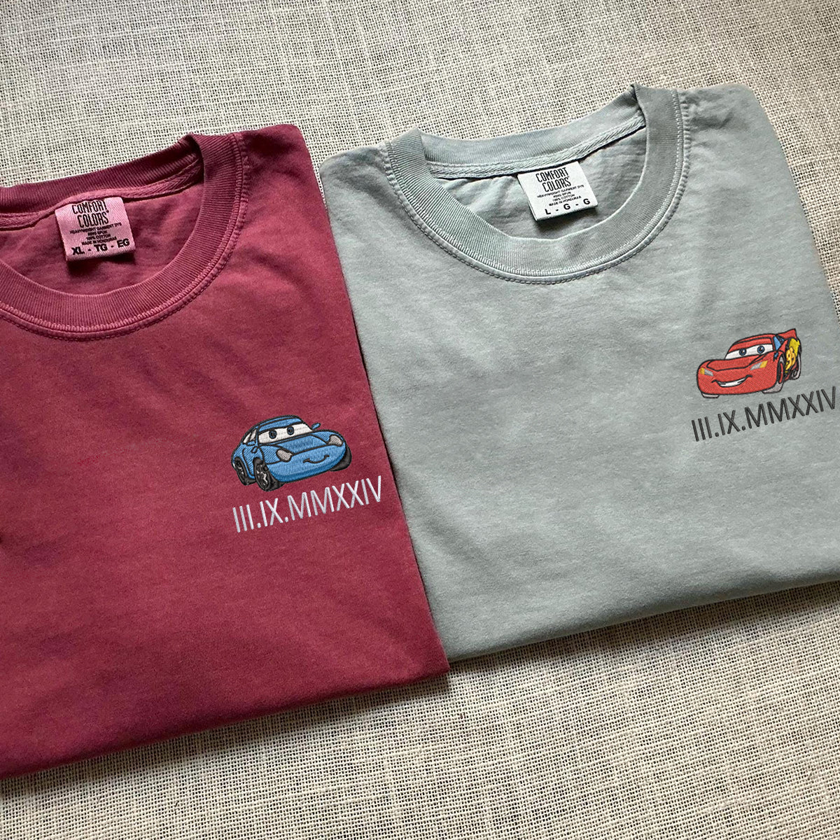 Custom Embroidered Racing Car Couple Matching T-shirts with Special Date