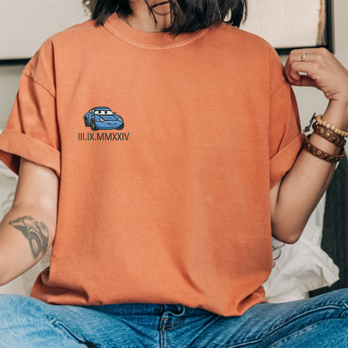 Custom Embroidered Racing Car Couple Matching T-shirts with Special Date