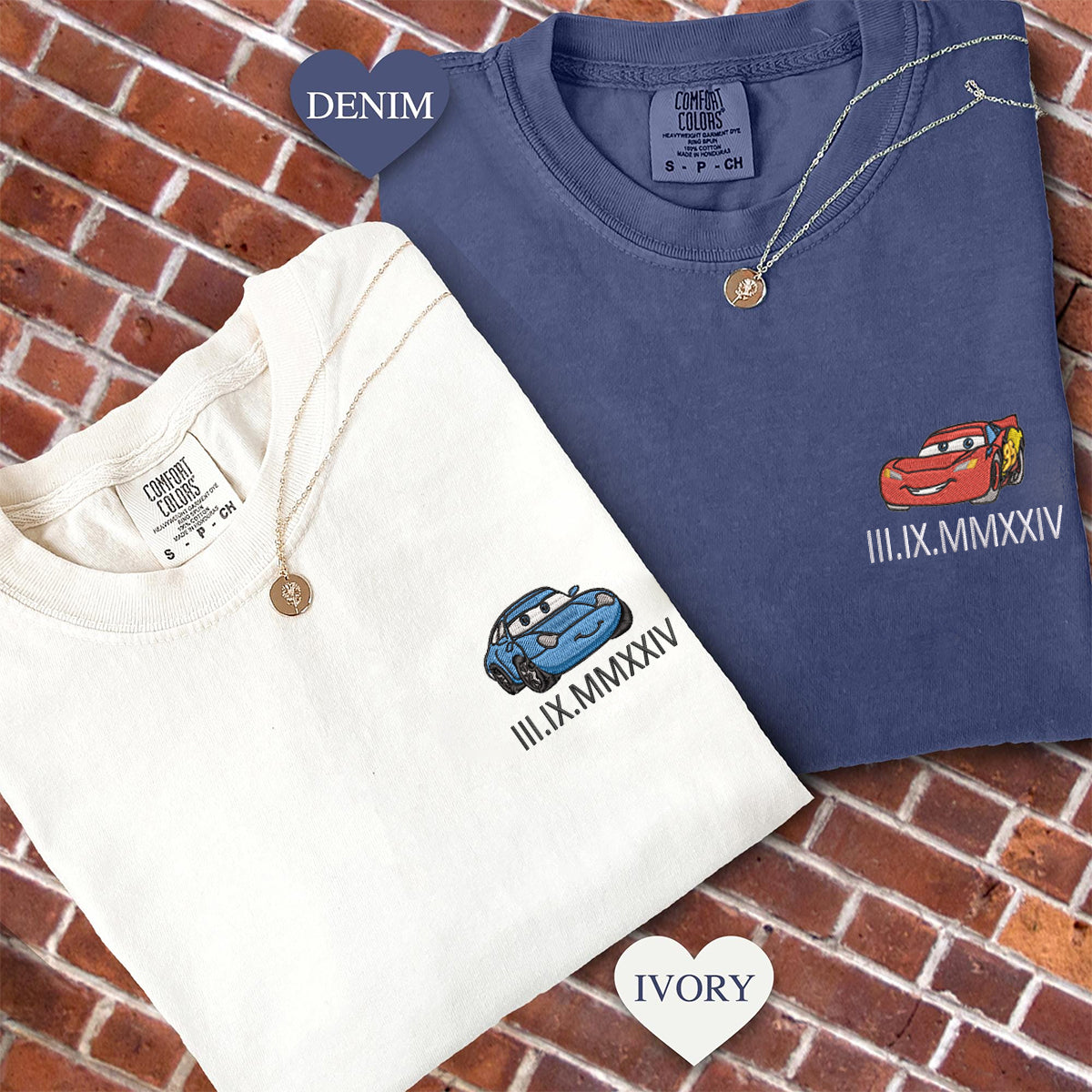 Custom Embroidered Racing Car Couple Matching T-shirts with Special Date