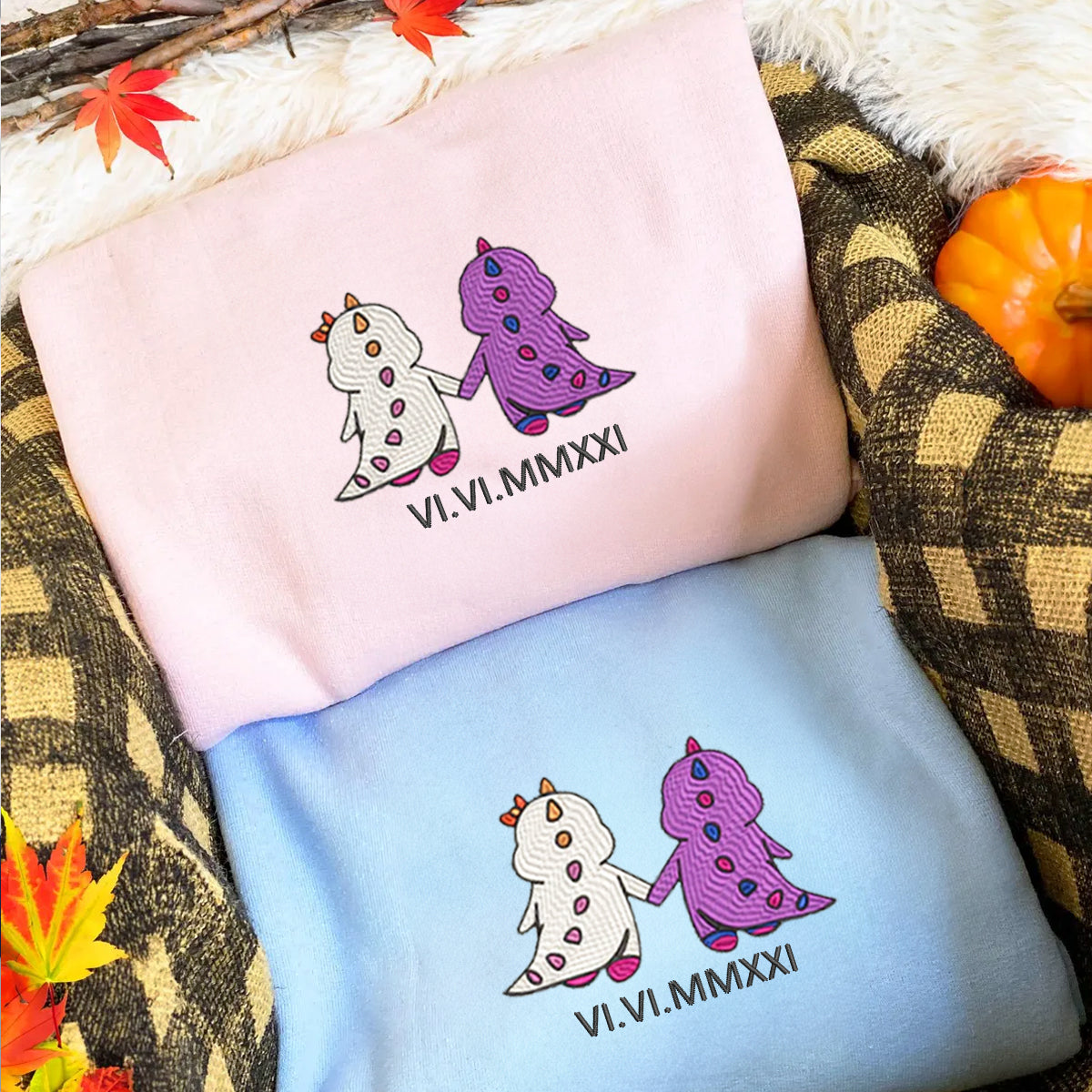 Custom Embroidered Roman Numeral Date Hoodies For Couples, Bi Lesbian Dino Couples Embroidered Hoodie