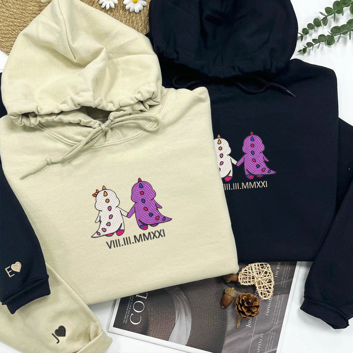 Custom Embroidered Roman Numeral Date Hoodies For Couples Bi Lesbian