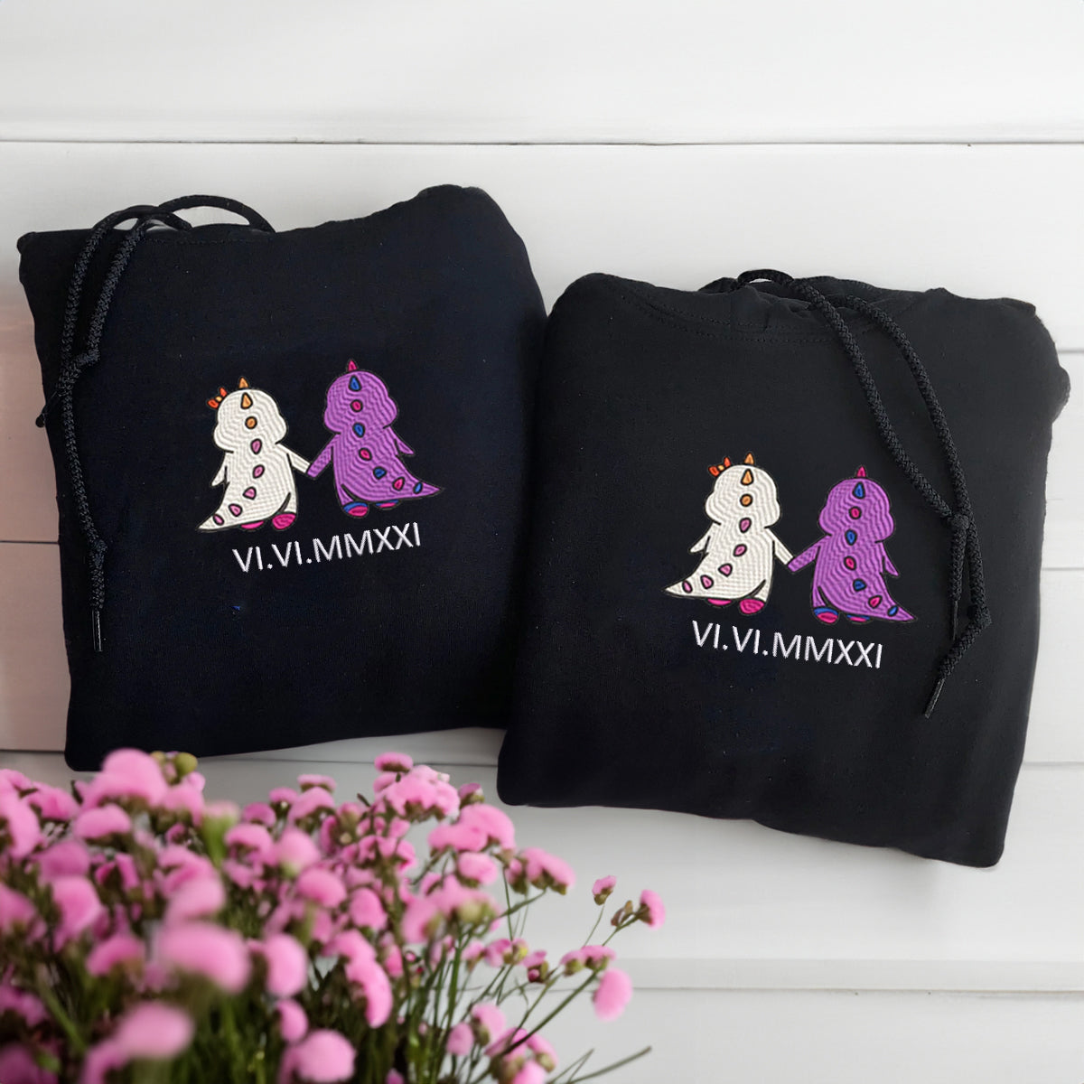 Custom Embroidered Roman Numeral Date Hoodies For Couples Bi Lesbian