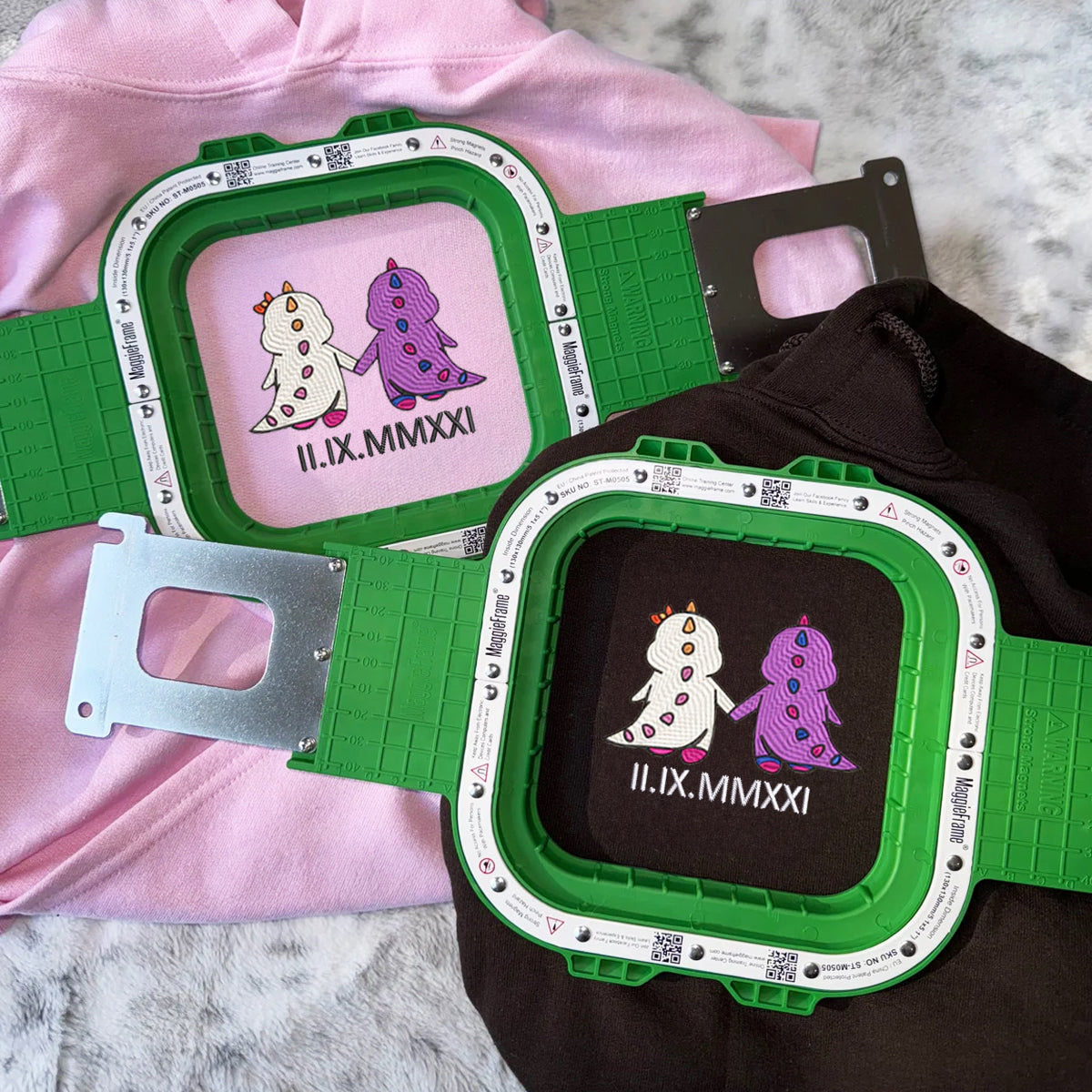 Custom Embroidered Roman Numeral Date Hoodies For Couples, Bi Lesbian Dino Couples Embroidered Hoodie