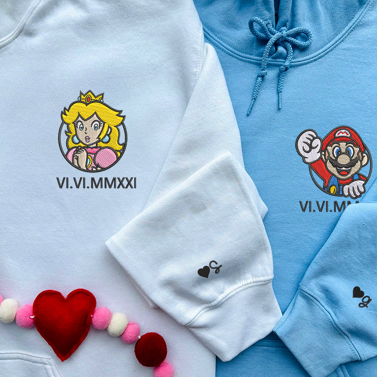 Custom Embroidered Roman Numeral Date Hoodies For Couples, Cartoon Princess x Mario Cute Couples Embroidered Hoodie