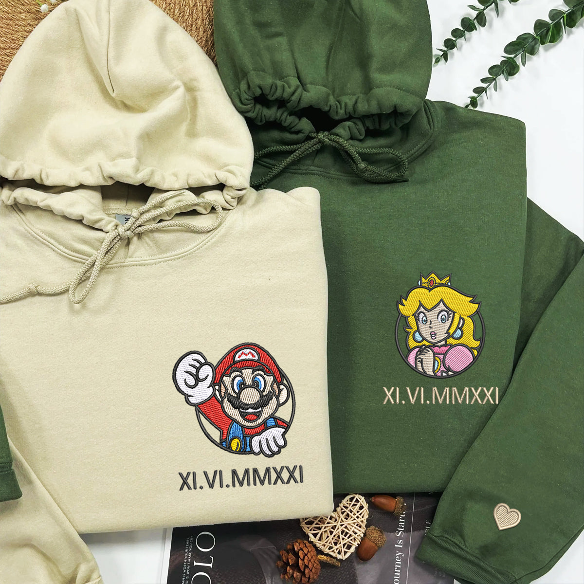 Custom Embroidered Roman Numeral Date Hoodies For Couples, Cartoon Princess x Mario Cute Couples Embroidered Hoodie