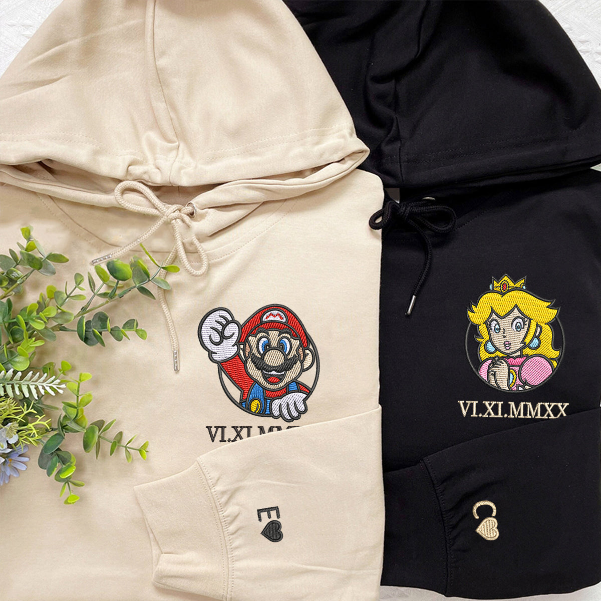 Custom Embroidered Roman Numeral Date Hoodies For Couples, Cartoon Princess x Mario Cute Couples Embroidered Hoodie