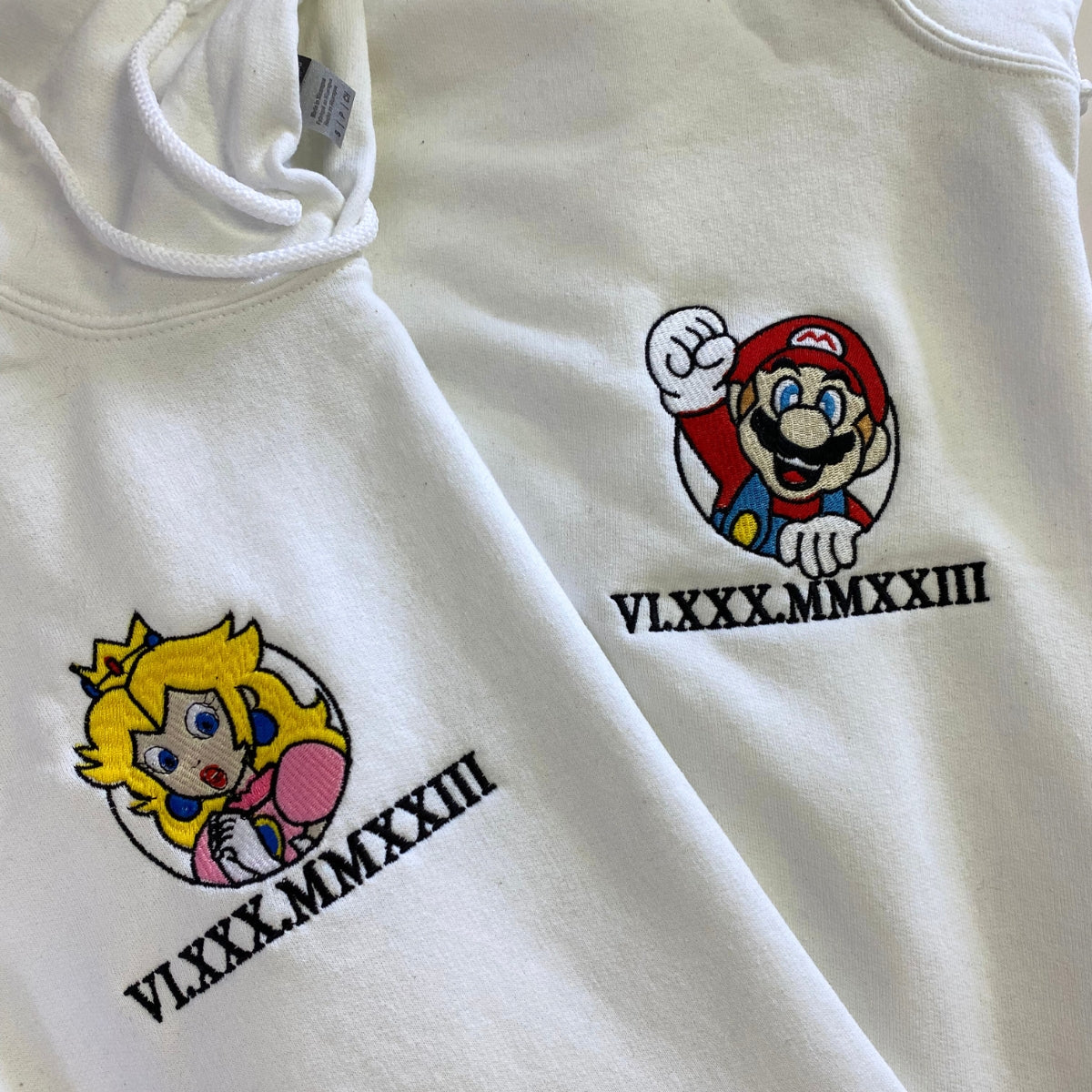 Custom Embroidered Roman Numeral Date Hoodies For Couples, Cartoon Princess x Mario Cute Couples Embroidered Hoodie