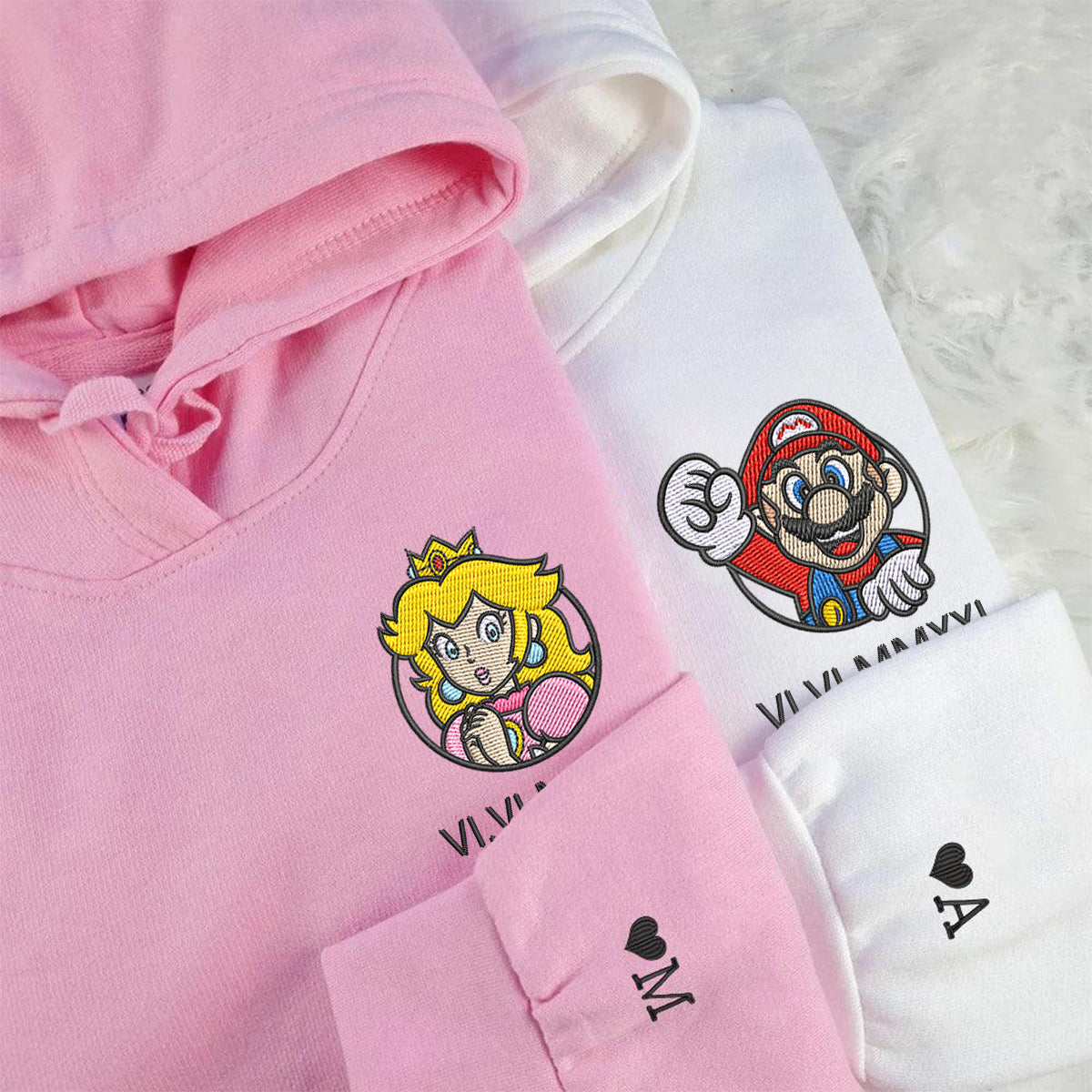 Custom Embroidered Roman Numeral Date Hoodies For Couples, Cartoon Princess x Mario Cute Couples Embroidered Hoodie
