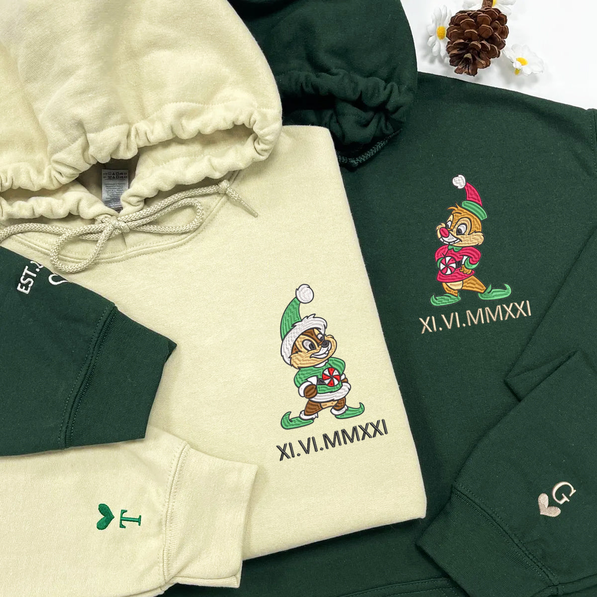Custom Embroidered Roman Numeral Date Hoodies For Couples, Chip x Dale Christmas Couples Embroidered Hoodie