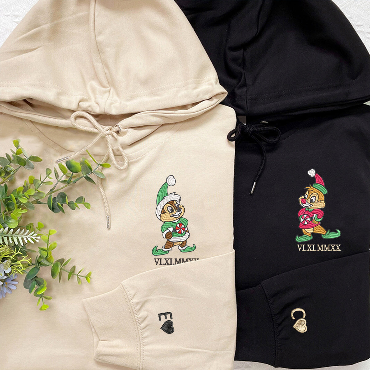 Custom Embroidered Roman Numeral Date Hoodies For Couples, Chip x Dale Christmas Couples Embroidered Hoodie