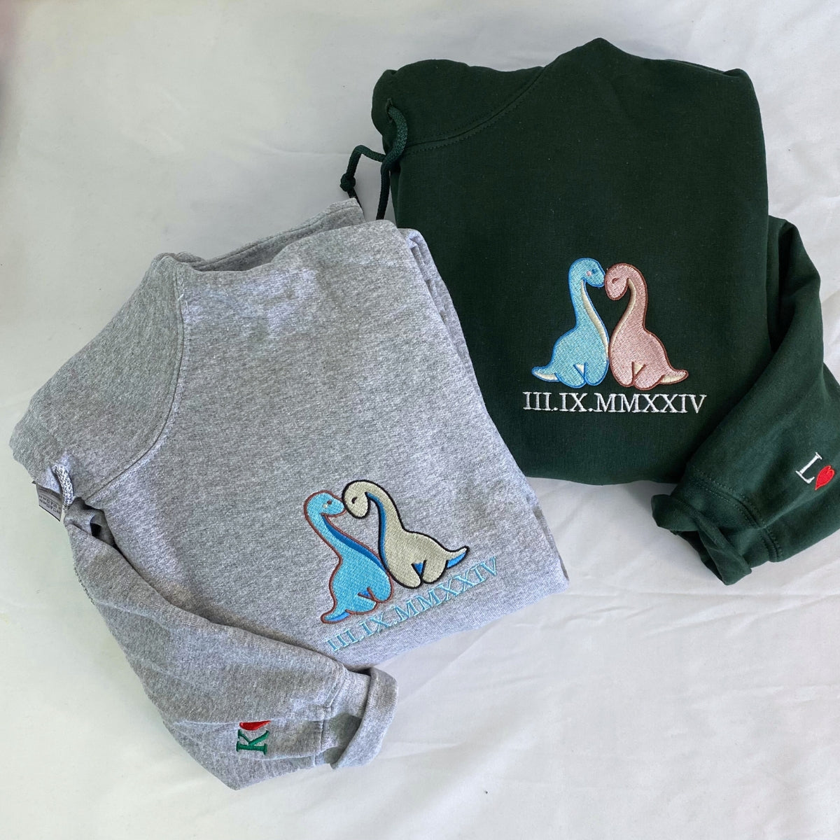 Custom Embroidered Roman Numeral Date Hoodies For Couples, Cute Cartoon Dinosaurs Couples Embroidered Hoodie