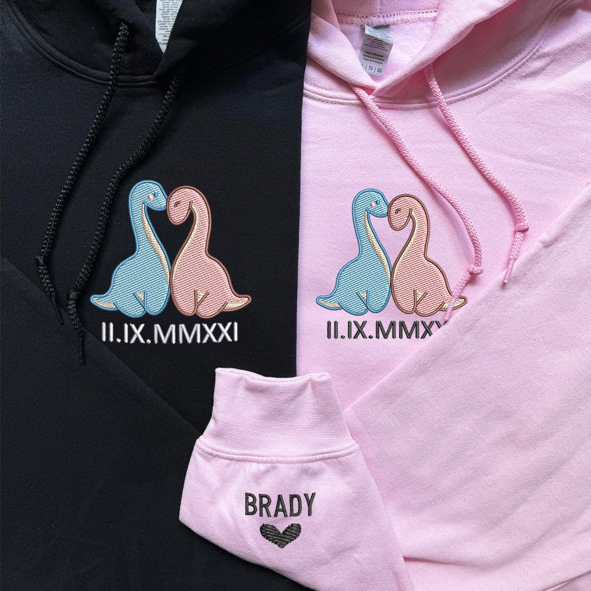 Custom Embroidered Roman Numeral Date Hoodies For Couples, Cute Cartoon Dinosaurs Couples Embroidered Hoodie