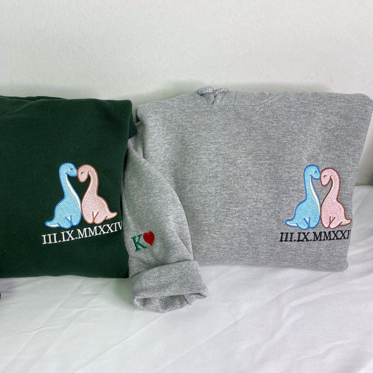 Custom Embroidered Roman Numeral Date Hoodies For Couples, Cute Cartoon Dinosaurs Couples Embroidered Hoodie