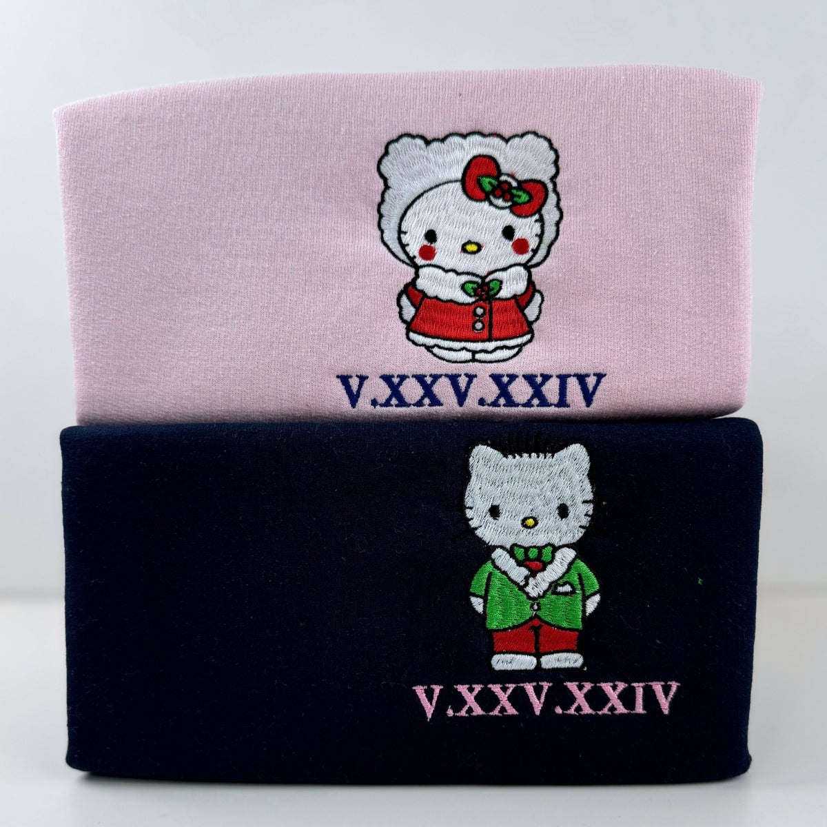 Custom Embroidered Roman Numeral Date Hoodies For Couples, Cute Christmas Kitten Cartoon Couples Embroidered Hoodie