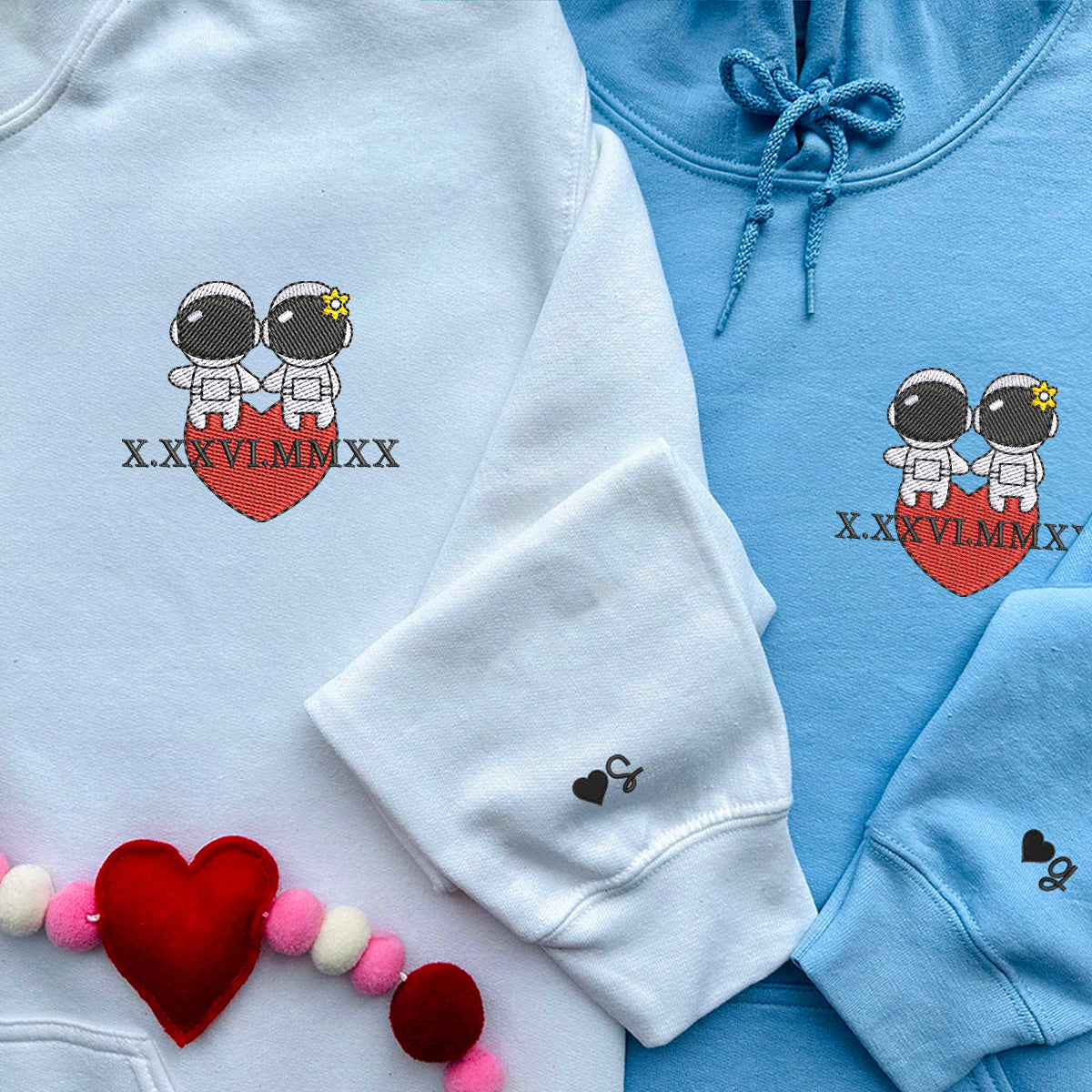 Custom Embroidered Roman Numeral Date Hoodies for Couples Cute Couples Astronaut Couples Embroidered Hoodie