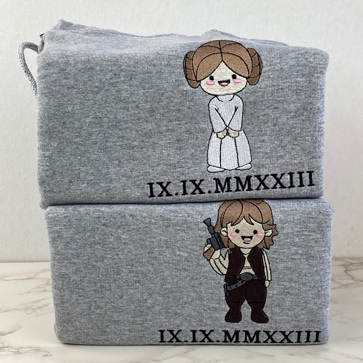 Custom Embroidered Roman Numeral Date Hoodies For Couples, Cute Hans and Leia Couples Embroidered Hoodie