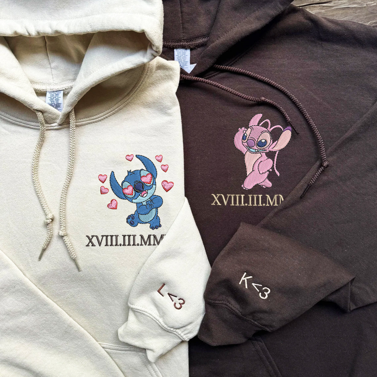 Custom Embroidered Roman Numeral Date Hoodies For Couples, Cute Stitch Couples Embroidered Hoodie