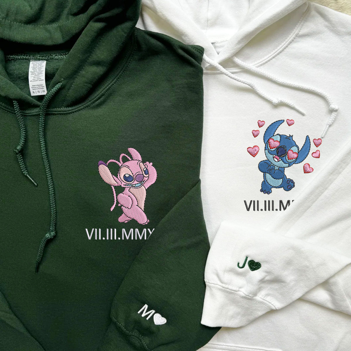 Custom Embroidered Roman Numeral Date Hoodies For Couples, Cute Stitch Couples Embroidered Hoodie