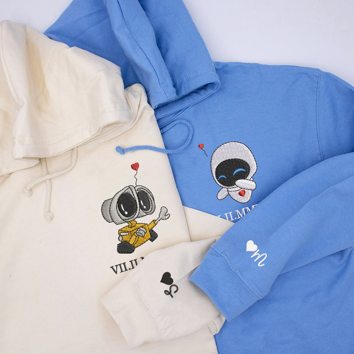 Custom Embroidered Roman Numeral Date Hoodies For Couples, Cute Walle x Eve Balloon Cartoon Couples Embroidered Hoodie