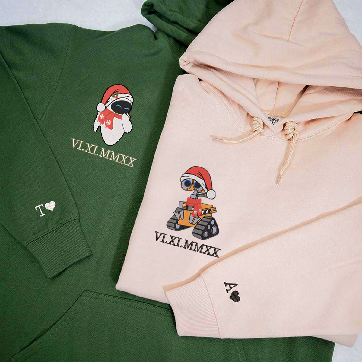 Custom Christmas Couple Hoodies, Cute Cartoon Embroidery with Roman Numeral Date