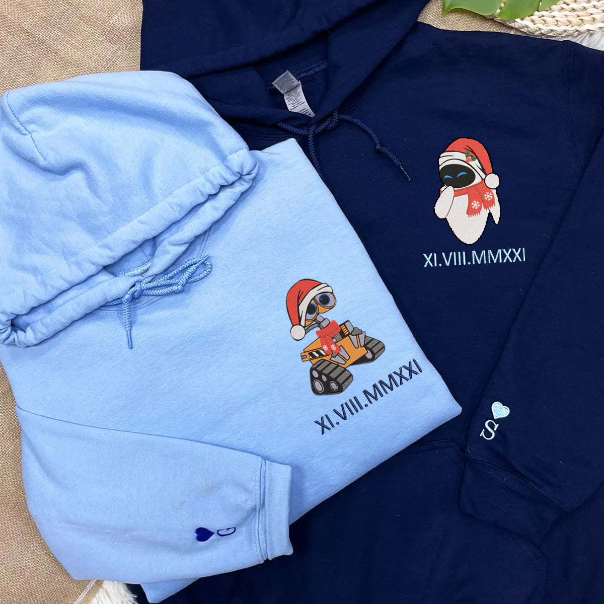 Custom Embroidered Roman Numeral Date Hoodies For Couples, Cute Walle x Eve Cartoon Christmas Couples Embroidered Hoodie