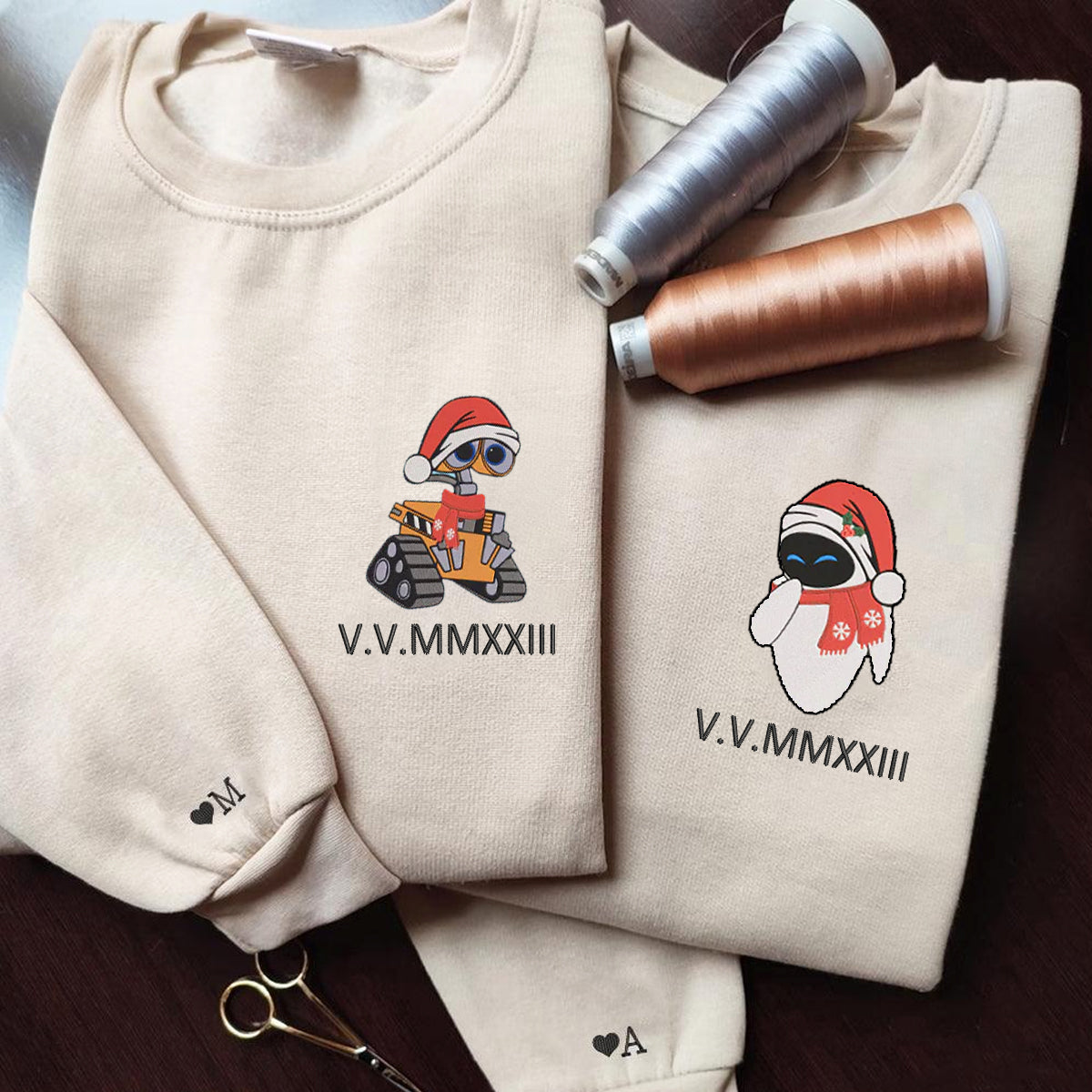 Custom Embroidered Roman Numeral Date Hoodies For Couples, Cute Walle x Eve Cartoon Christmas Couples Embroidered Hoodie