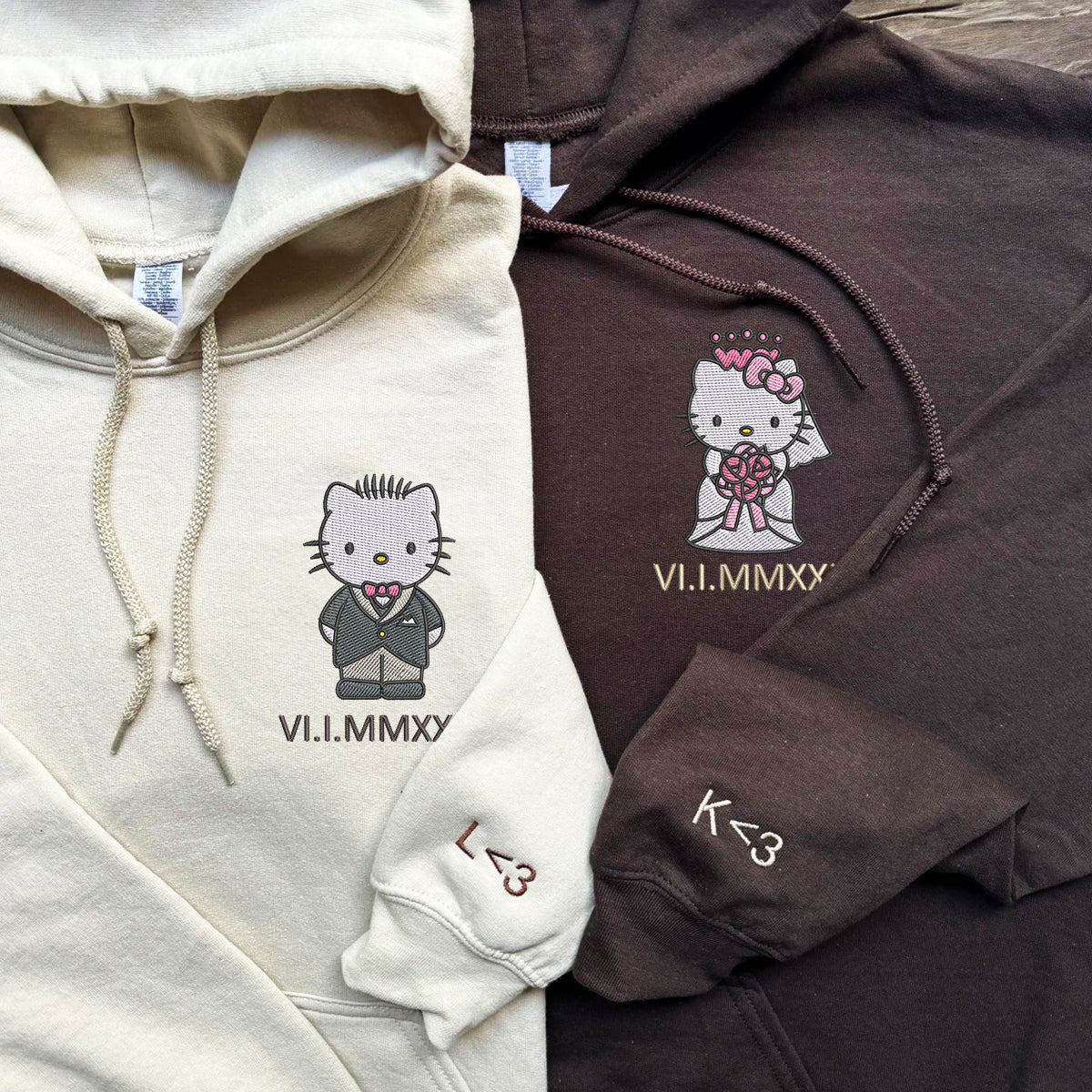 Custom Embroidered Roman Numeral Date Hoodies For Couples, Cute Wedding Kitten Couples Embroidered Hoodie
