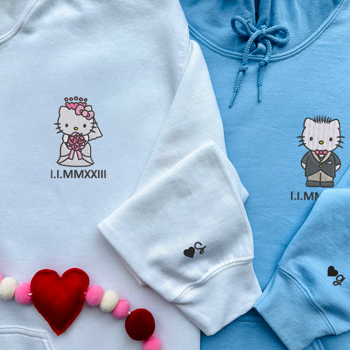 Custom Embroidered Roman Numeral Date Hoodies For Couples, Cute Wedding Kitten Couples Embroidered Hoodie