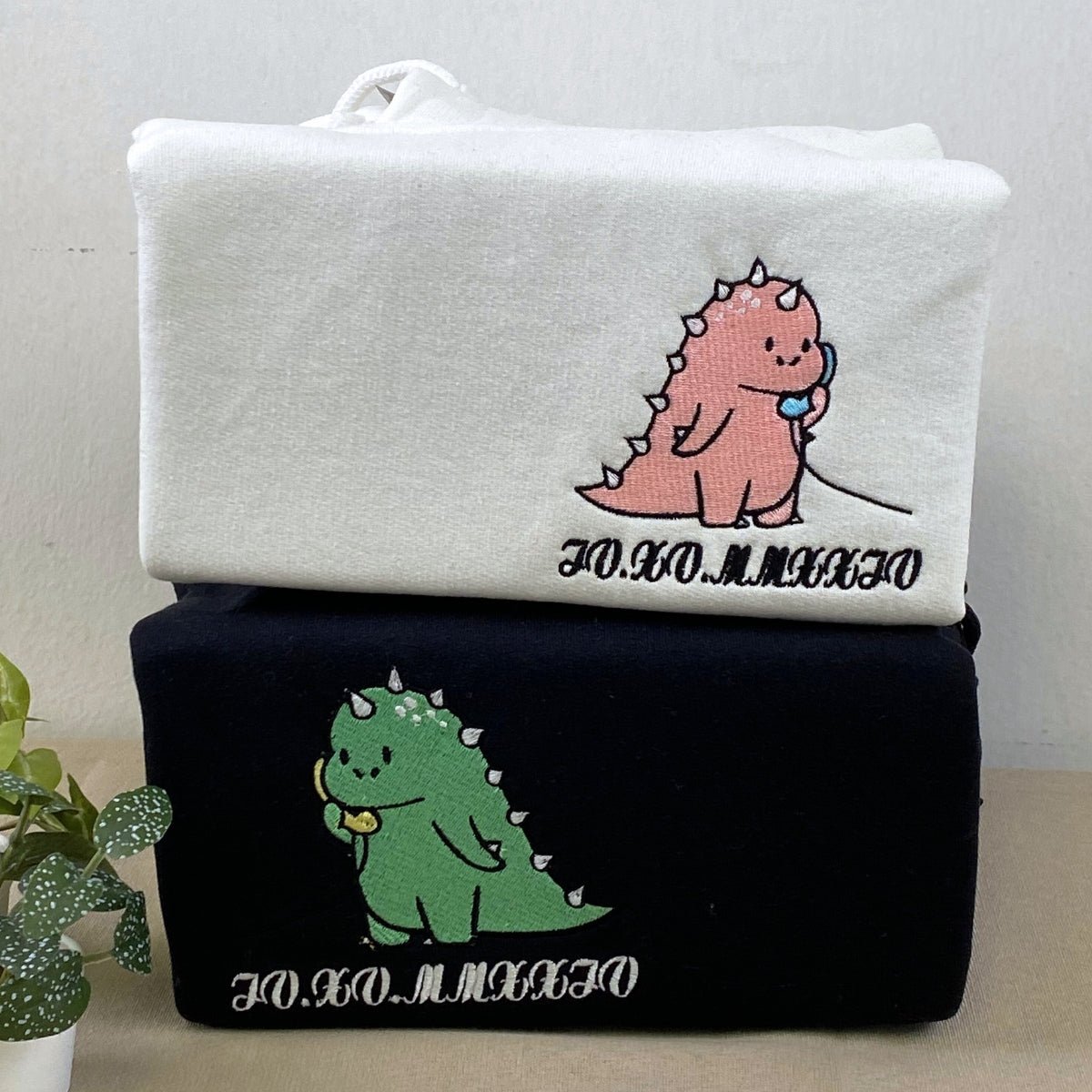 Custom Embroidered Roman Numeral Date Hoodies For Couples, Funny Cartoon Streetwear Dinosaur Couples Embroidered Hoodie
