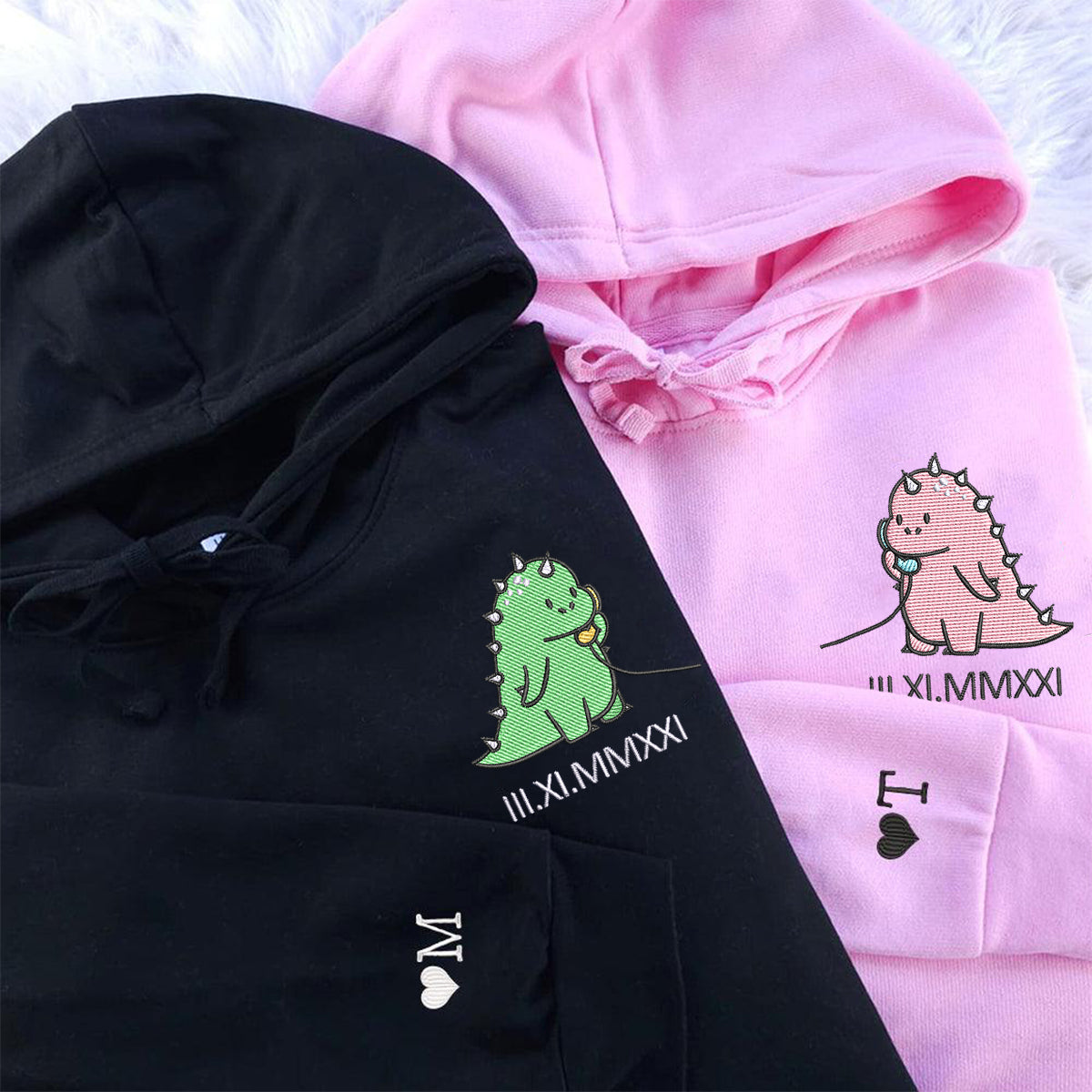 Custom Embroidered Roman Numeral Date Hoodies For Couples, Funny Cartoon Streetwear Dinosaur Couples Embroidered Hoodie