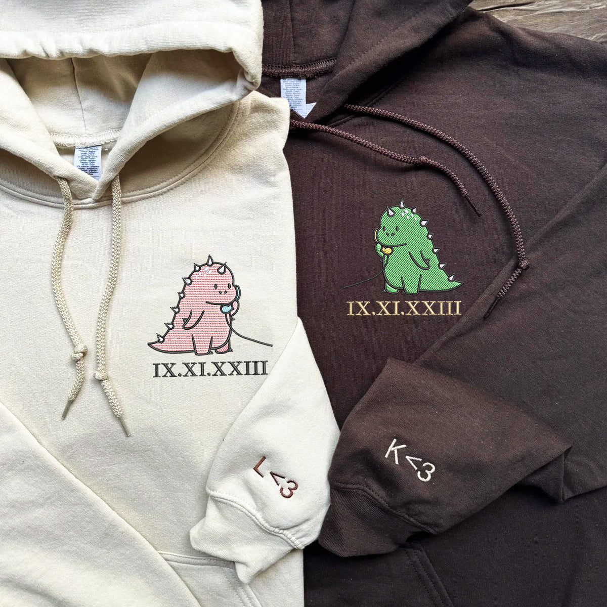 Custom Embroidered Roman Numeral Date Hoodies For Couples, Funny Cartoon Streetwear Dinosaur Couples Embroidered Hoodie