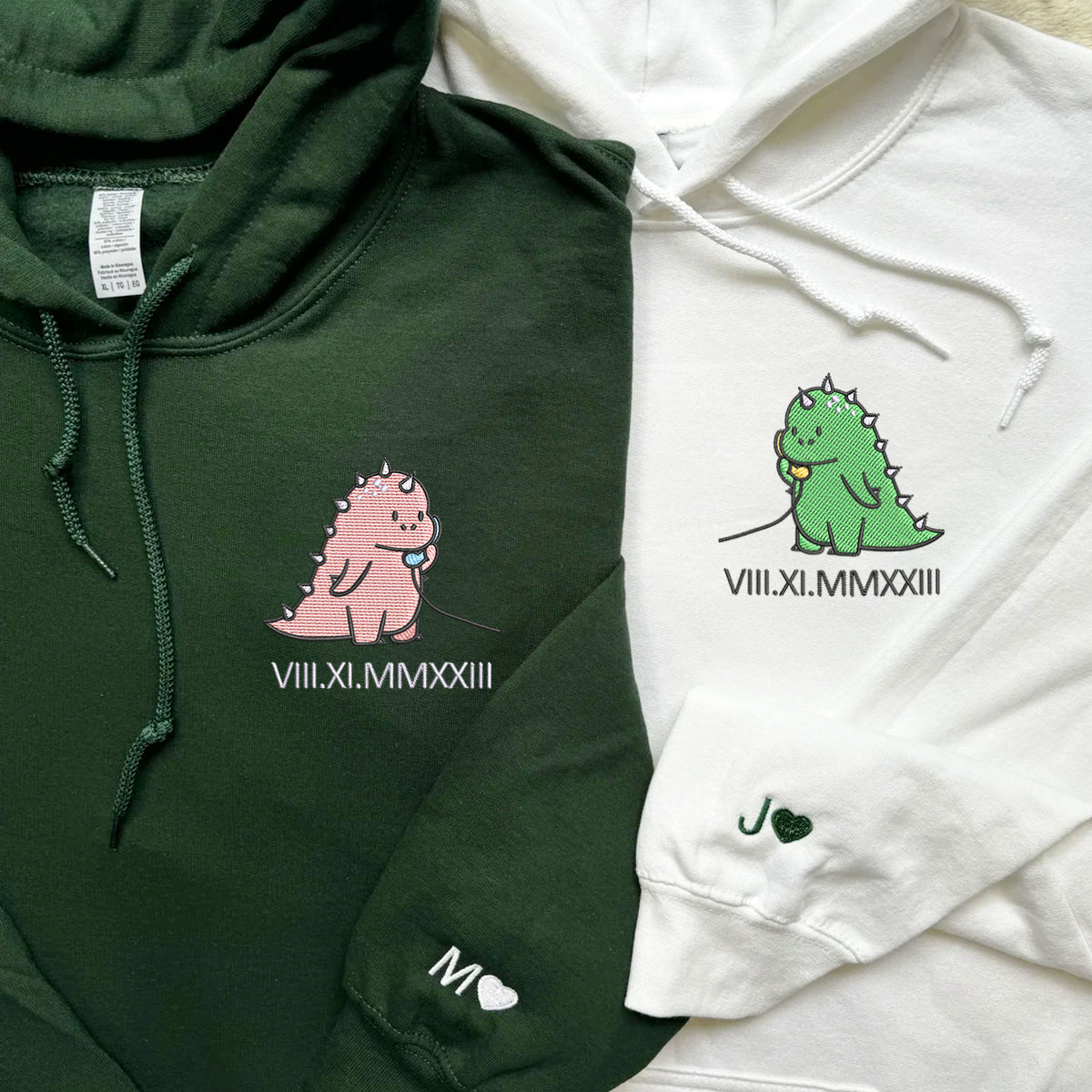 Custom Embroidered Roman Numeral Date Hoodies For Couples, Funny Cartoon Streetwear Dinosaur Couples Embroidered Hoodie