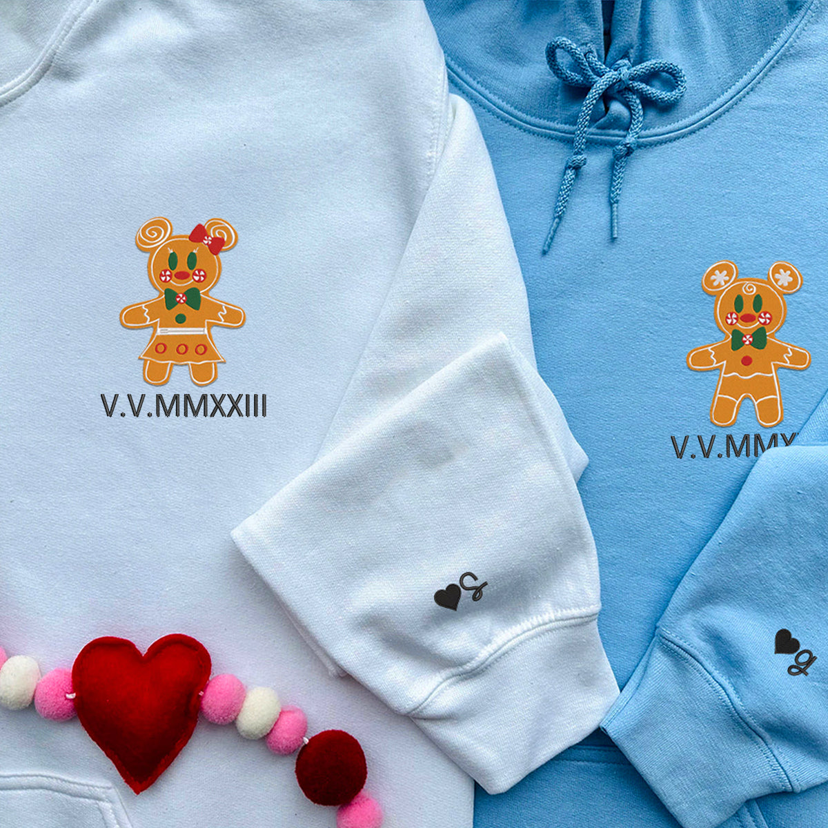Custom Embroidered Roman Numeral Date Hoodies For Couples, Gingerbread Christmas Mouse Couples Embroidered Hoodie
