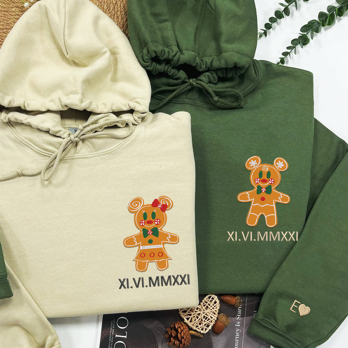 Custom Embroidered Roman Numeral Date Hoodies For Couples, Gingerbread Christmas Mouse Couples Embroidered Hoodie
