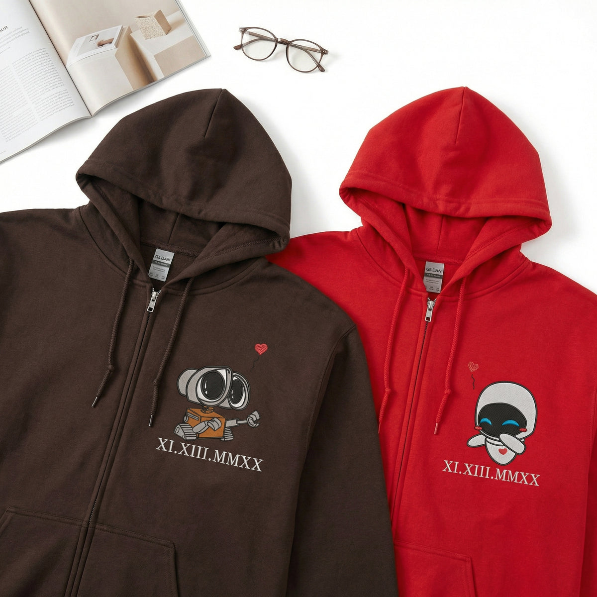 Custom Embroidered Roman Numeral Date Quarter Zip Sweatshirts for Couples - Cute Cartoon Robot Love Matching Full-Zip Hoodie