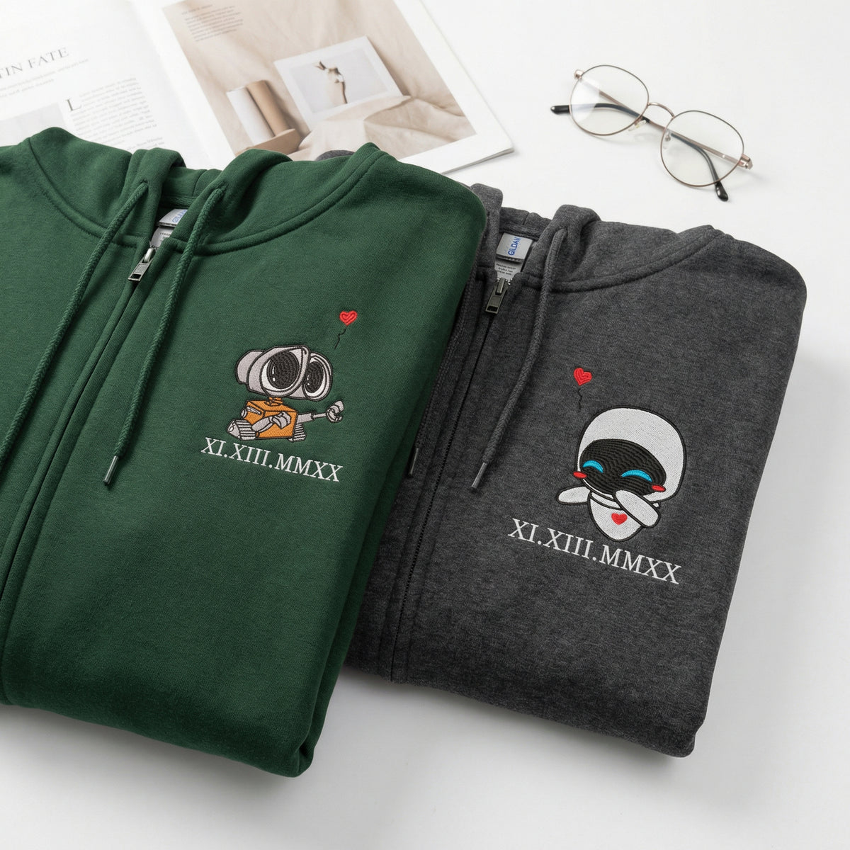 Custom Embroidered Roman Numeral Date Quarter Zip Sweatshirts for Couples - Cute Cartoon Robot Love Matching Full-Zip Hoodie