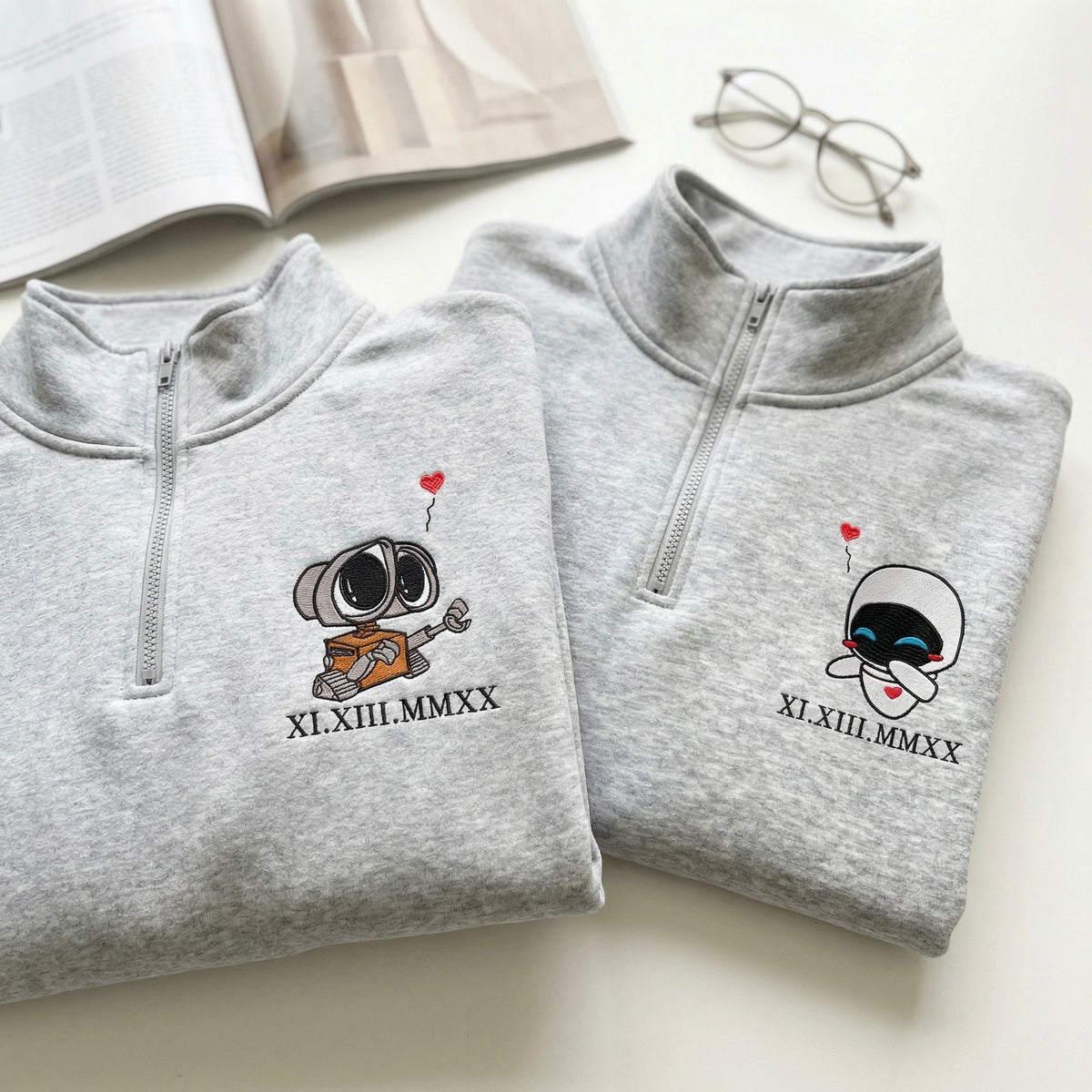 Custom Embroidered Roman Numeral Date Quarter Zip Sweatshirts for Couples - Cute Cartoon Robot Love Matching Full-Zip Hoodie