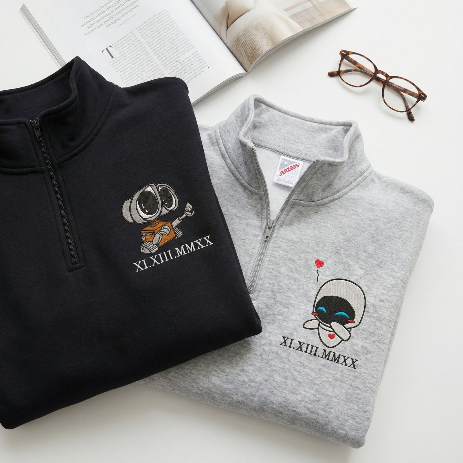 Custom Embroidered Roman Numeral Date Quarter Zip Sweatshirts for Couples - Cute Cartoon Robot Love Matching Full-Zip Hoodie