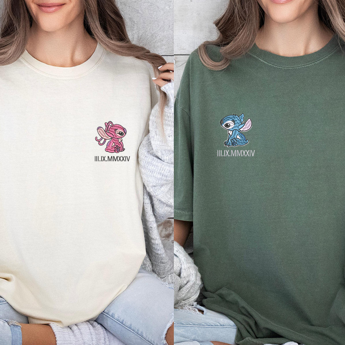 Custom Embroidered Roman Numeral Date T-Shirts for Couples, Cute Alien Duo Matching Tees