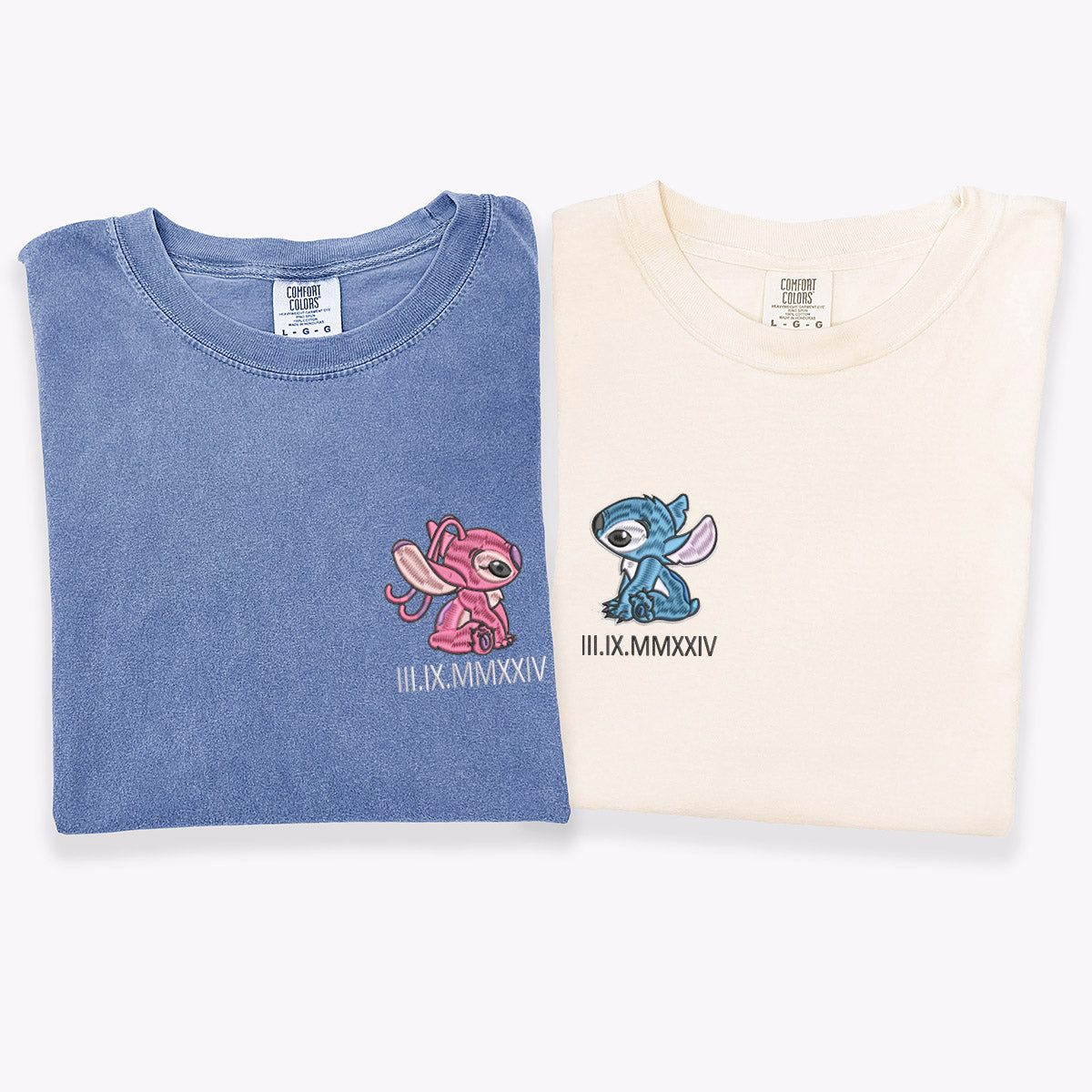 Custom Embroidered Roman Numeral Date T-Shirts for Couples, Cute Alien Duo Matching Tees