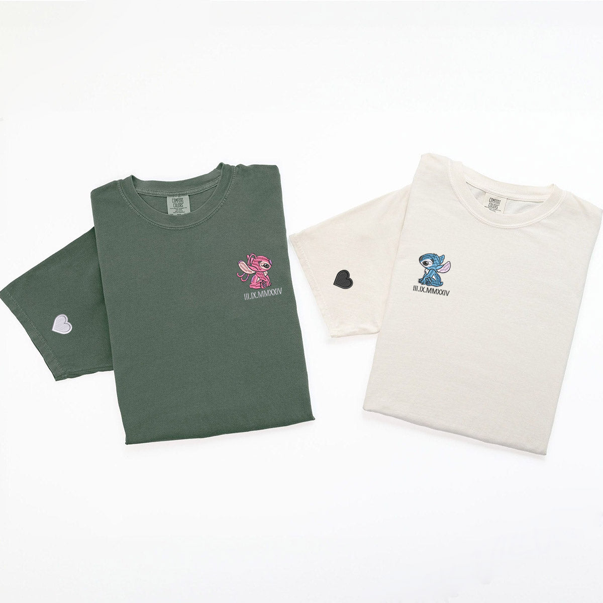 Custom Embroidered Roman Numeral Date T-Shirts for Couples, Cute Alien Duo Matching Tees