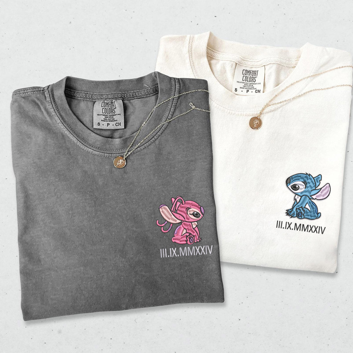 Custom Embroidered Roman Numeral Date T-Shirts for Couples, Cute Alien Duo Matching Tees